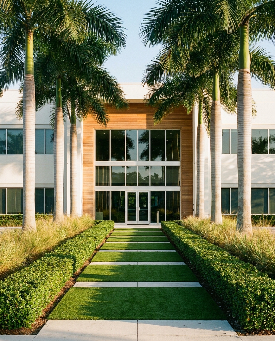 Modern Florida commercial building entrance with immaculate landscaping