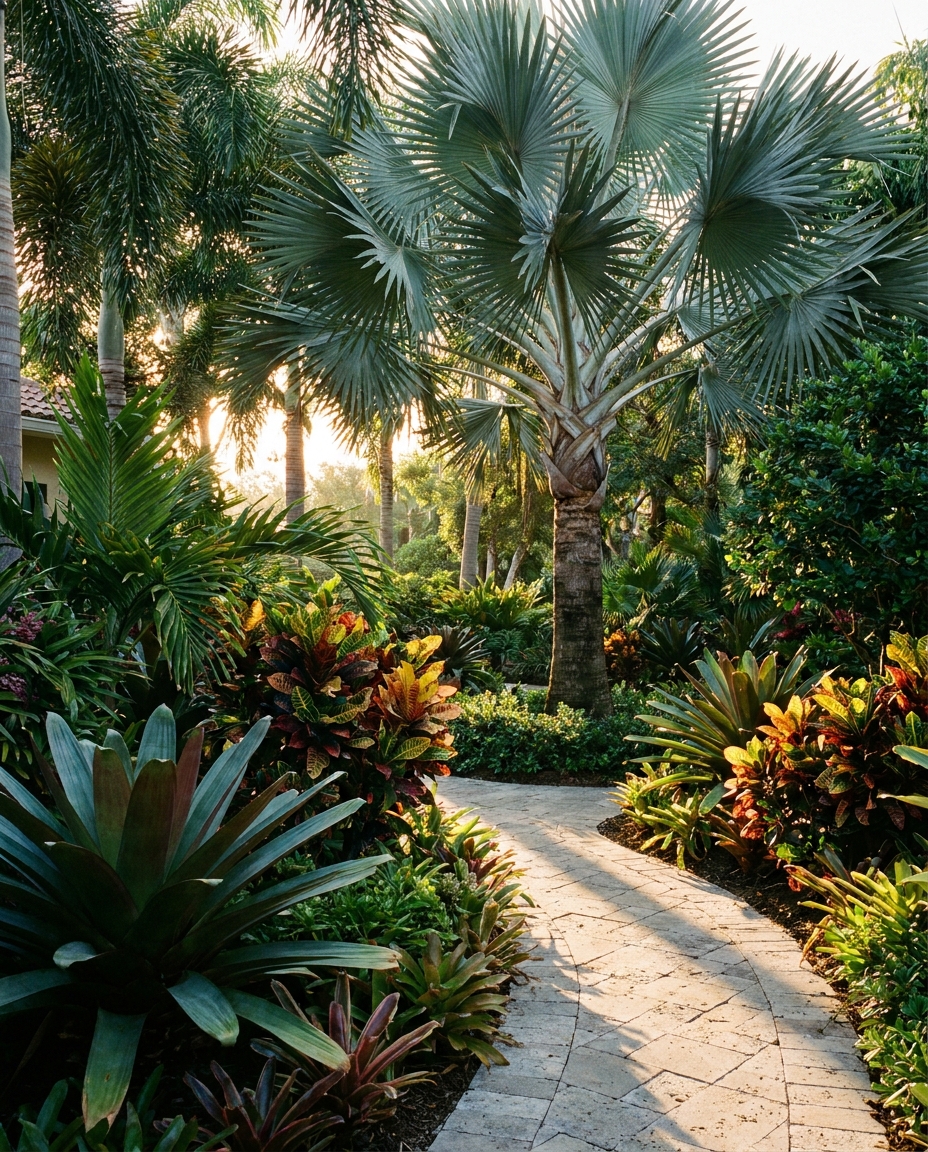 Lush professionally designed Florida courtyard garden with layered tropical plantings