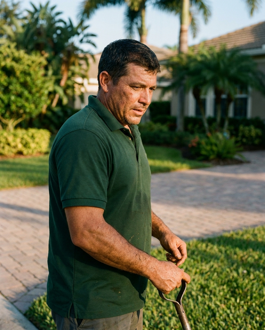 Golden Grass landscaper edging a manicured lawn beside a paver walkway