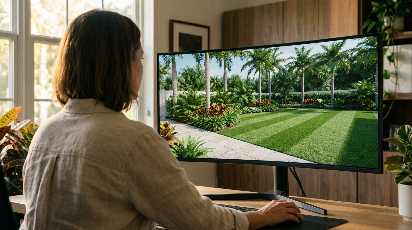 Landscape designer building a 3-D model of a Florida backyard on a desktop monitor