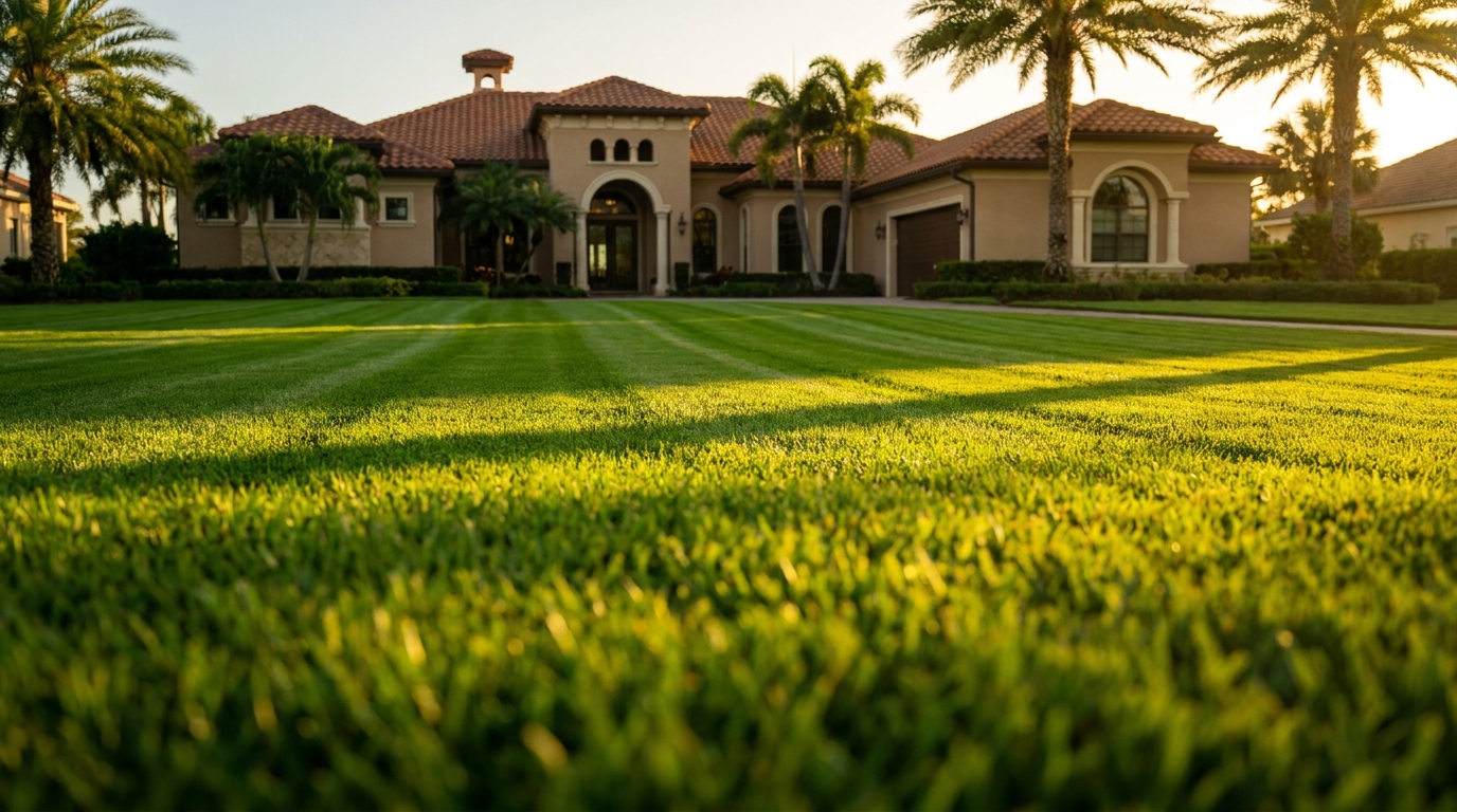 Immaculate striped emerald lawn in front of an upscale Florida home at golden hour