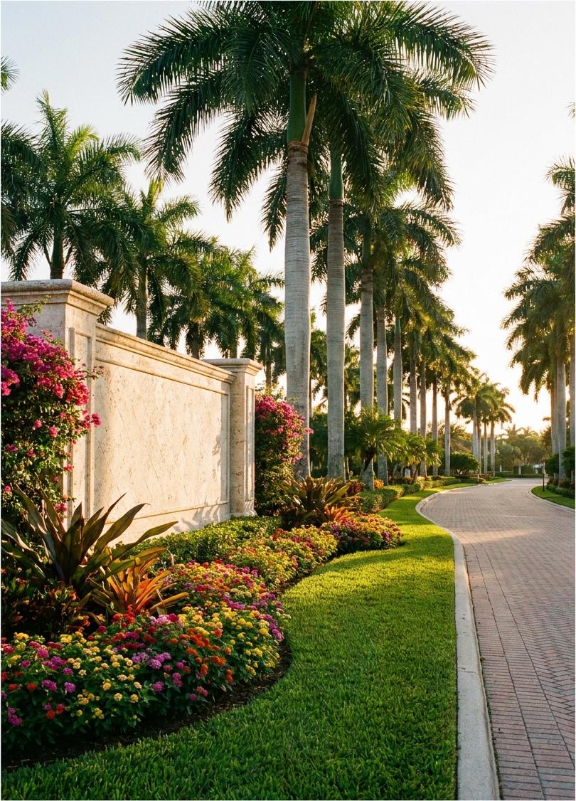 Gated Florida community entrance with lush professional landscaping