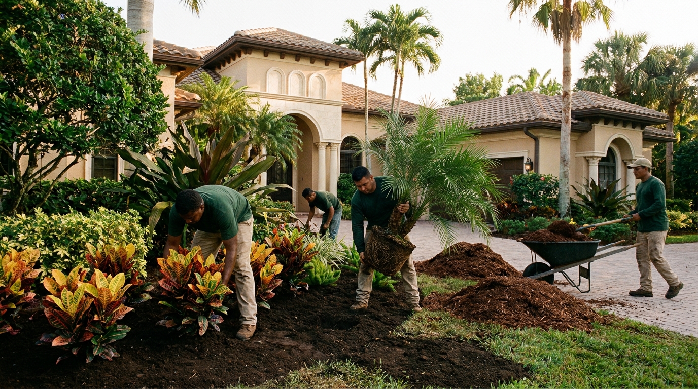 Crew installing a designed plant bed with crotons and a palm