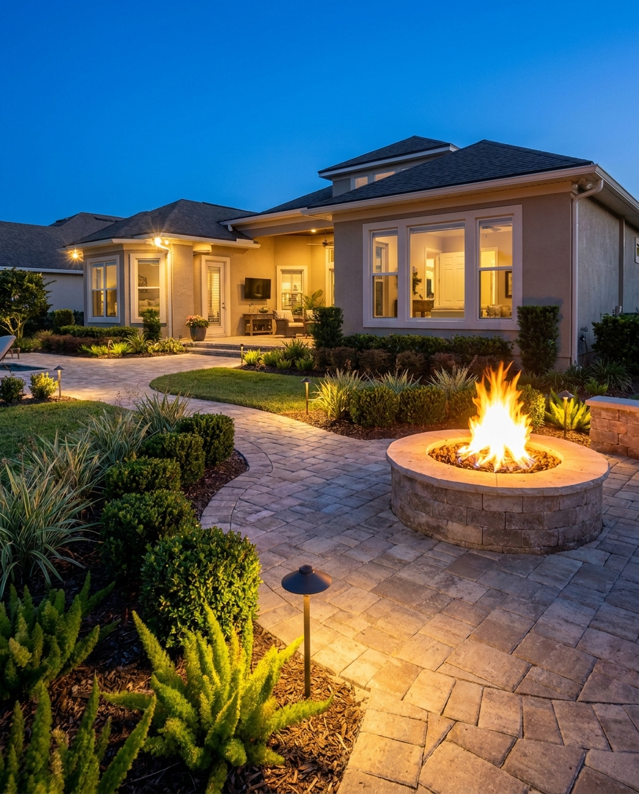 Paver patio with fire pit and landscape lighting at dusk