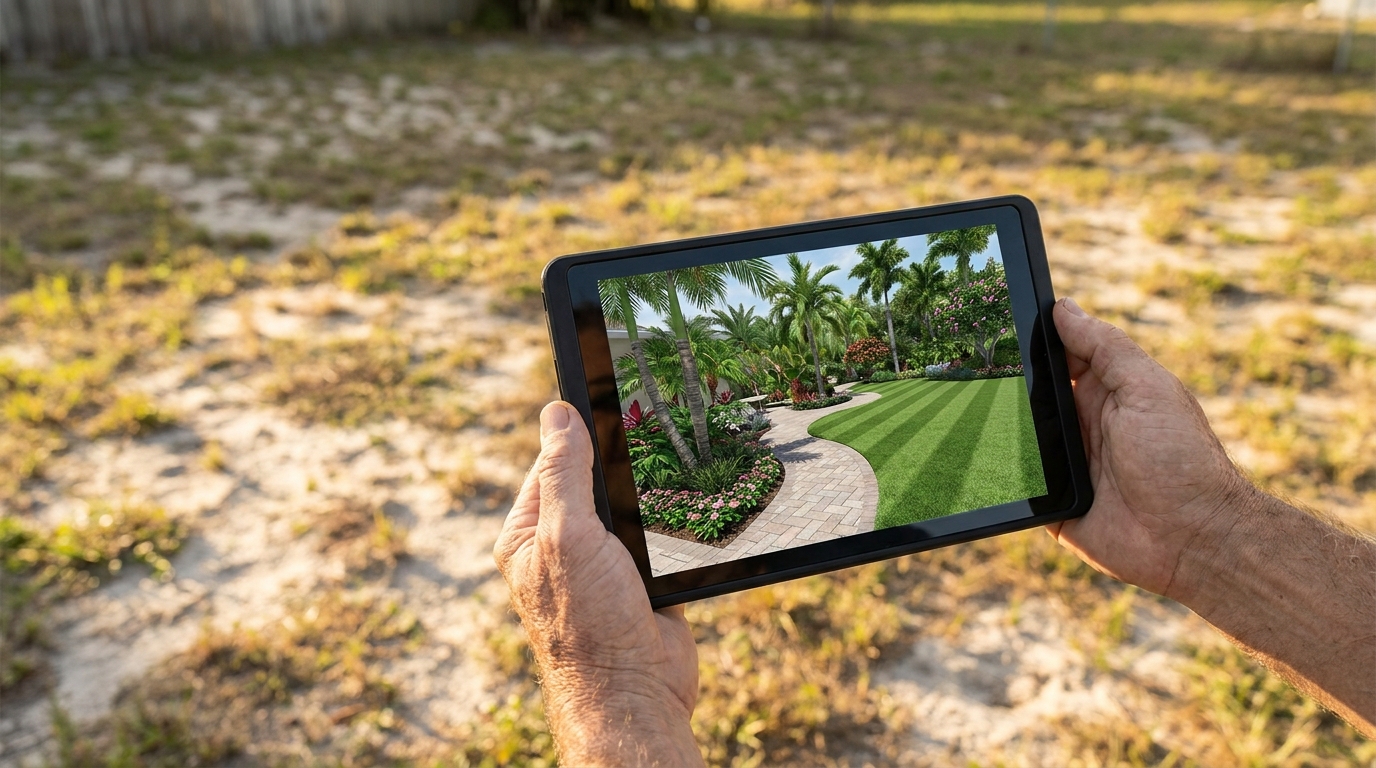 Tablet showing a 3-D landscape design render of the same backyard behind it