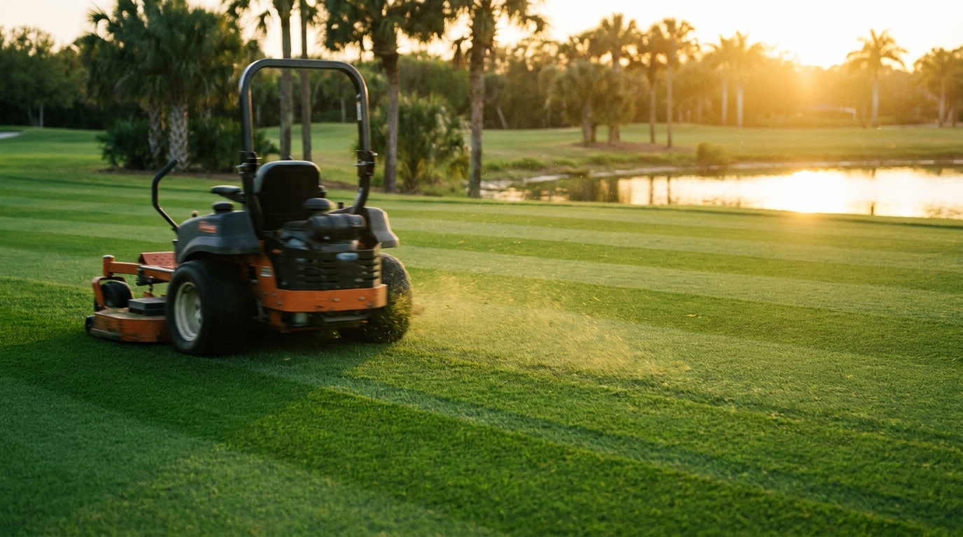 Zero-turn mower laying crisp stripes across an emerald lawn at golden hour